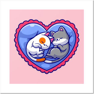 Cute Couple Cat Sleeping On Love Pillow Cartoon Posters and Art